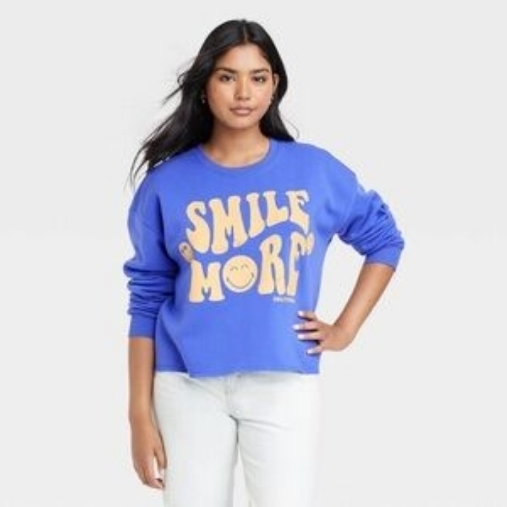 Smiley World Smile More Cropped Sweatshirt Blue Size M